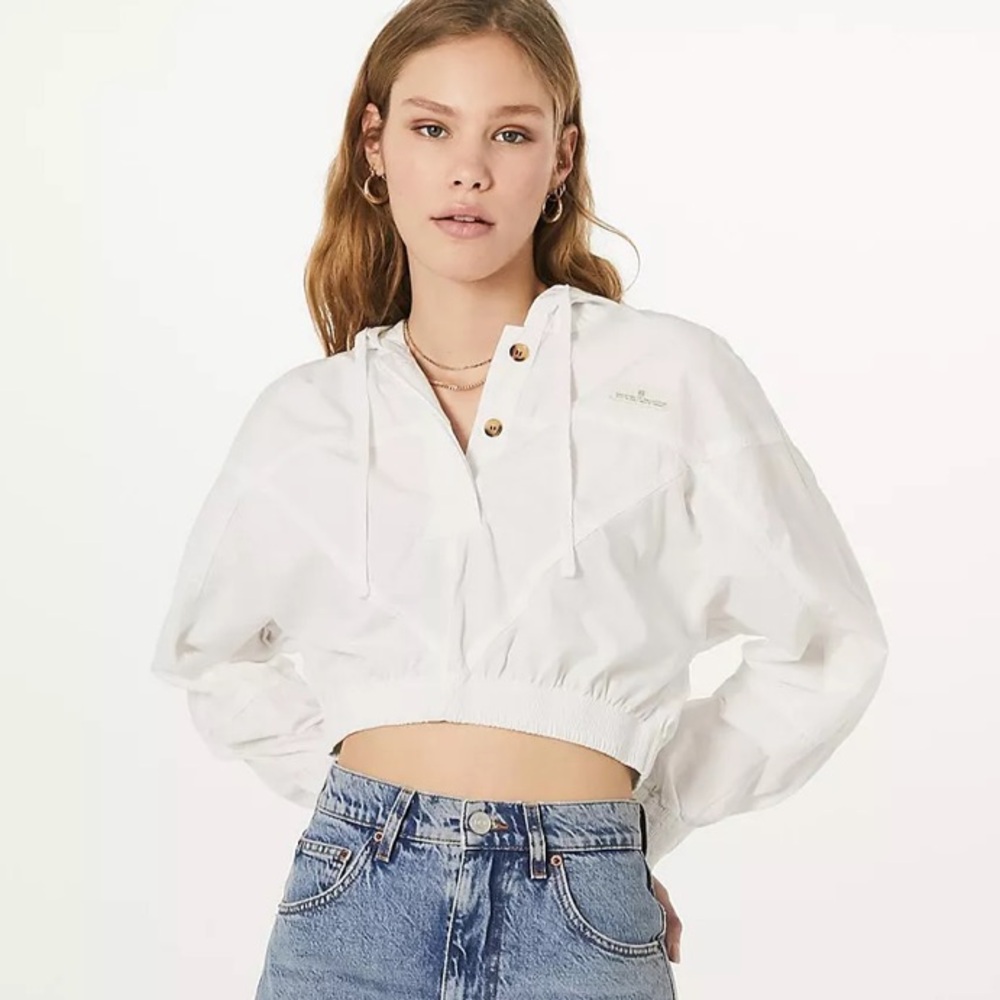 BDG Super Crop Poplin Jacket Size Small White Hooded Pullover Elastic Waist